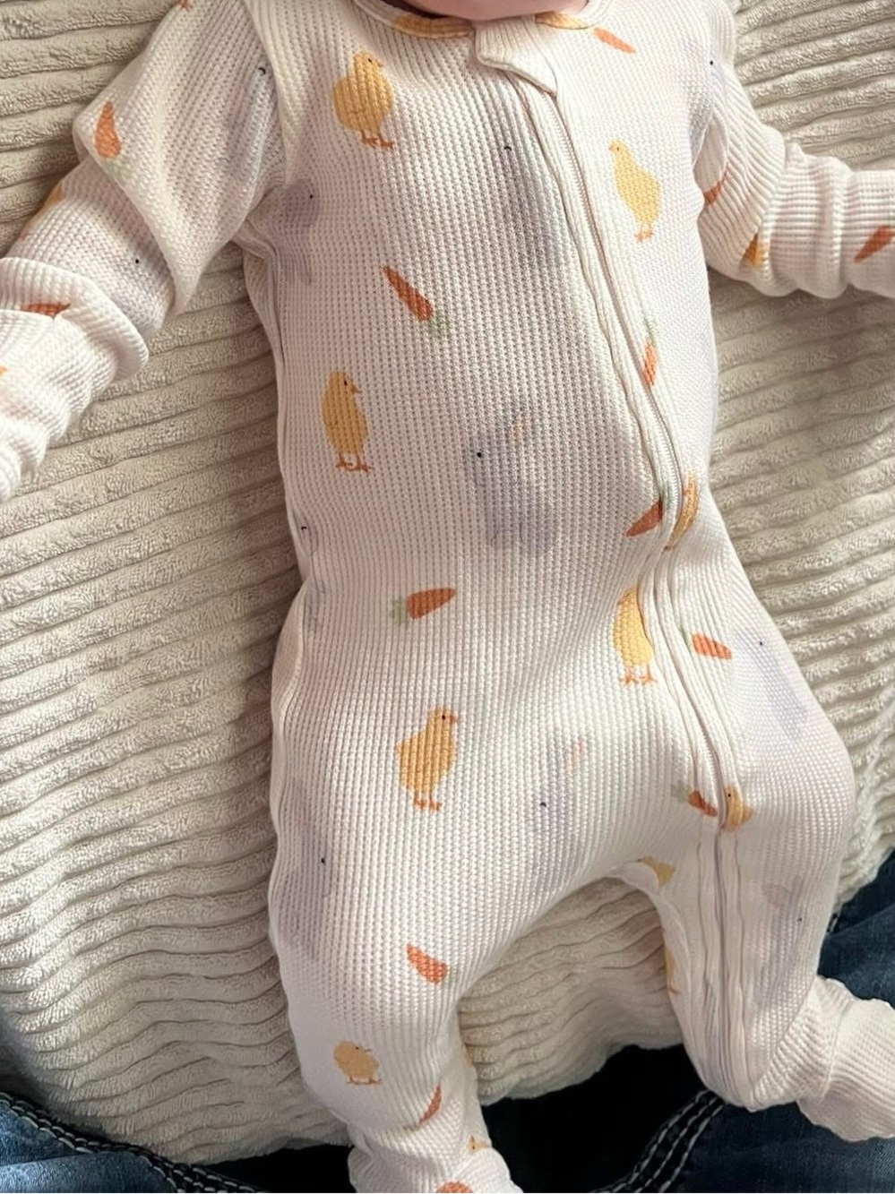 Baby One-Piece Zipper Romper in Cream with Yellow Chick Print